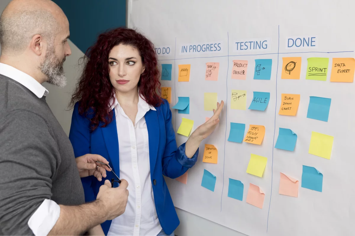 IT software testeri sa radia pri tabuli agilného vývoja softvéru