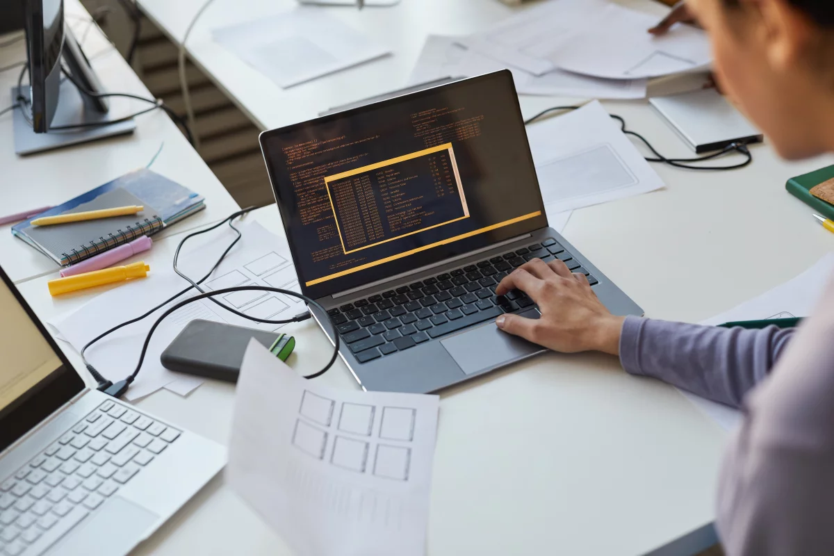 IT software tester si prezerá údaje o plate na laptope