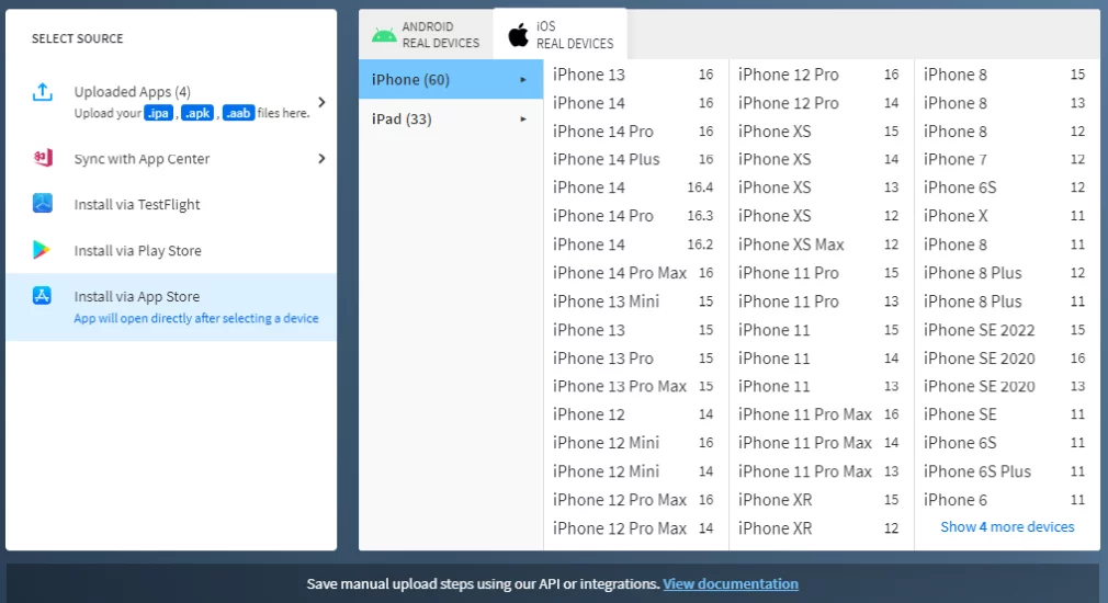 Takto vyzerá pohľad na BrowserStack pri výbere zariadení iOS