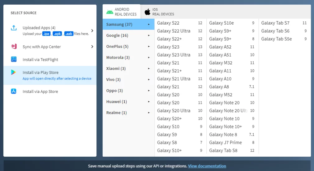 Takto vyzerá pohľad na BrowserStack pri výbere Android zariadení: