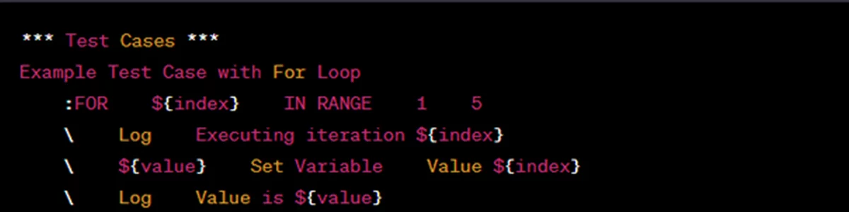 Príklad syntax cyklu for loop v Robot Framework