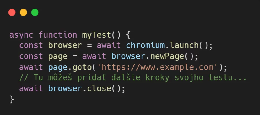 Vytvor funkciu pre svoj test a začni s používaním Playwright API