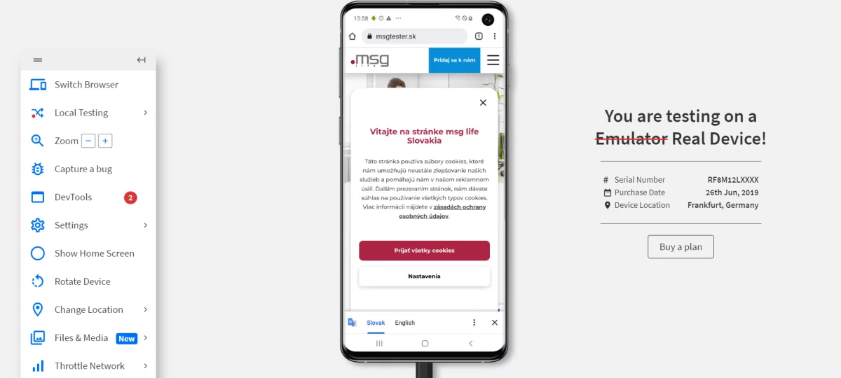 BrowserStack ti ponúka široký výber zariadení, vrátane smartfónov, tabletov a rôznych verzií prehliadačov